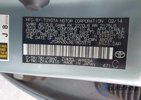 2014 Toyota Prius Two from USA, damaged, VIN JTDKN3DUXE1803375